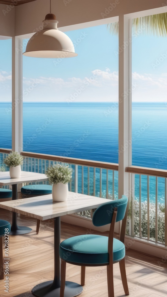 A restaurant with a view of the ocean. The tables are set with white tablecloths and the chairs are blue