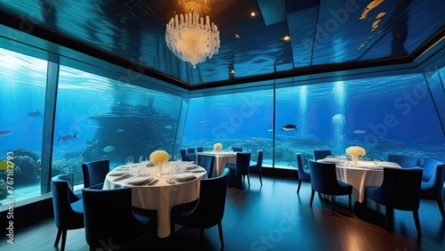 Underwater restaurant. A restaurant with a blue ocean theme. The walls are decorated with fish and coral. The tables are set with silverware and wine glasses. 