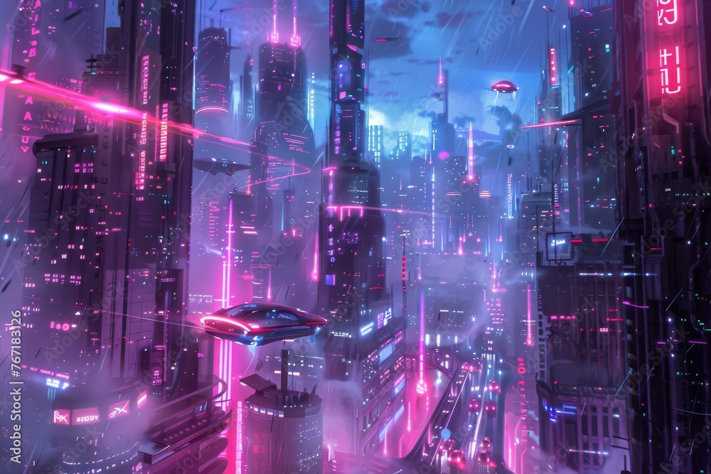 Futuristic Cityscape with Neon Lights and Flying Cars, Cyberpunk Sci-Fi Concept Art, Digital Illustration