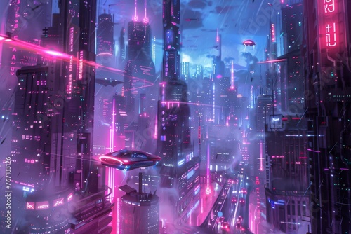Futuristic Cityscape with Neon Lights and Flying Cars  Cyberpunk Sci-Fi Concept Art  Digital Illustration