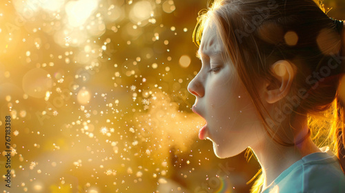 close-up, sick girl coughing, drool flying out of her open mouth, white bokeh in the light, dust, germs, outdoor allergies photo