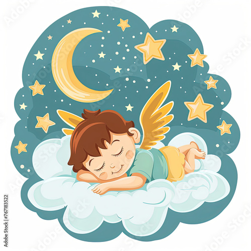 Heavenly Slumber - Cute Angel Sleeping on a Cloud Vector Illustration