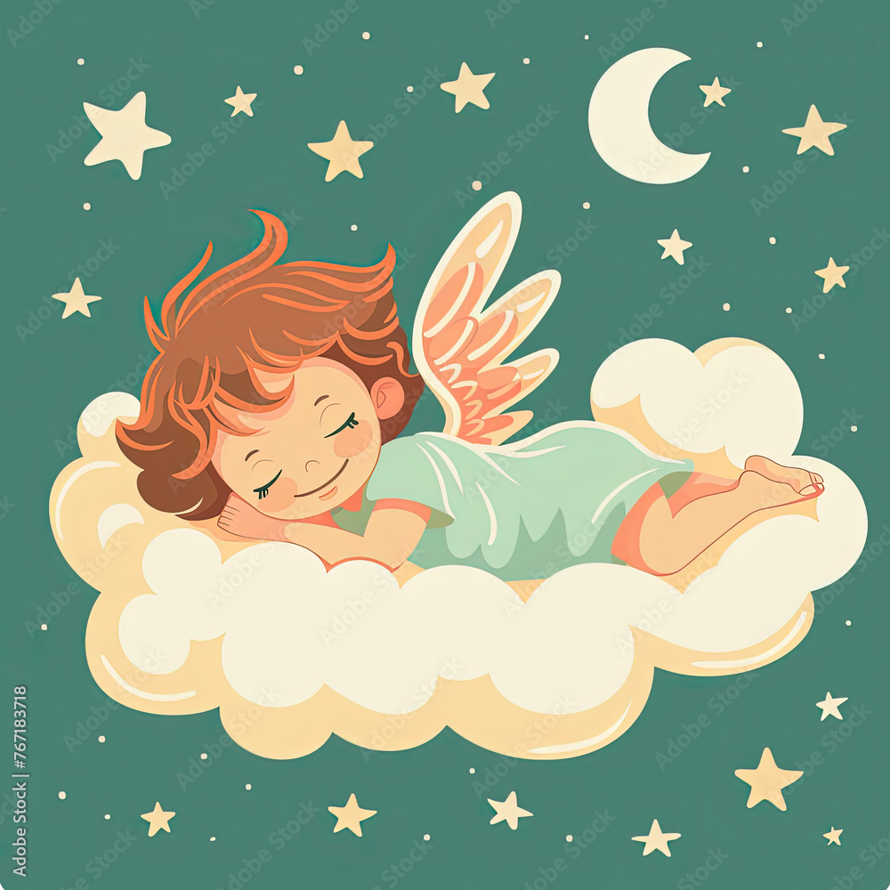 Heavenly Slumber - Cute Angel Sleeping on a Cloud Vector Illustration Heavenly Slumber - Cute Angel Sleeping on a Cloud Vector Illustration
