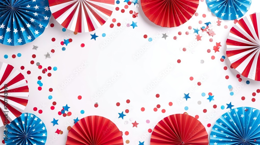 4th July Parade American flag concept white and blue colour paper fans with confetti on a white background.