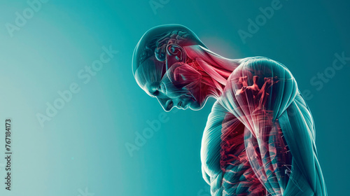 human muscle spasms, red inflammation of body parts, pain in the neck, arms, x-ray of the body with organomi, blue background, empty space for text