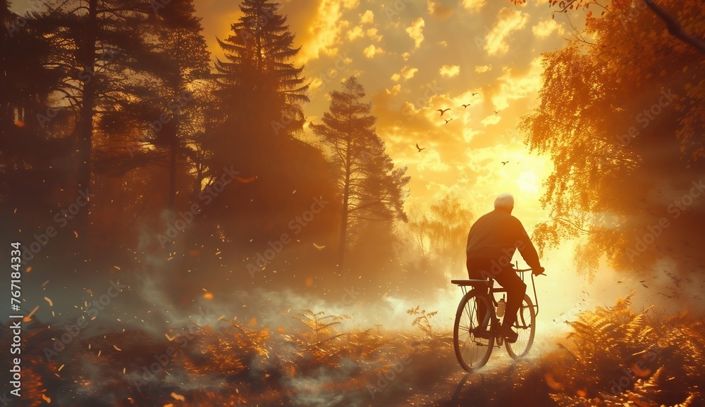 Naklejka premium Man riding a mountain bike in a forest at sunrise or sunset - back light