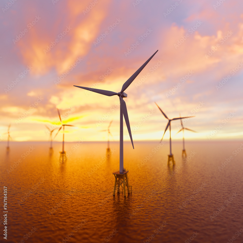 Majestic Offshore Wind Turbines Capturing the Warm Glow of the Setting Sun