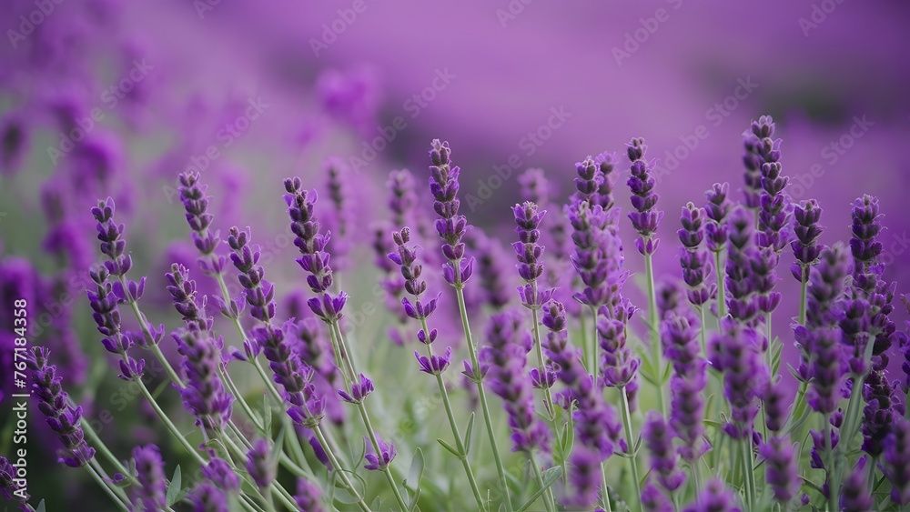 Naklejka premium Lavender blooming fragrant flowers field, closeup violet background, swaying