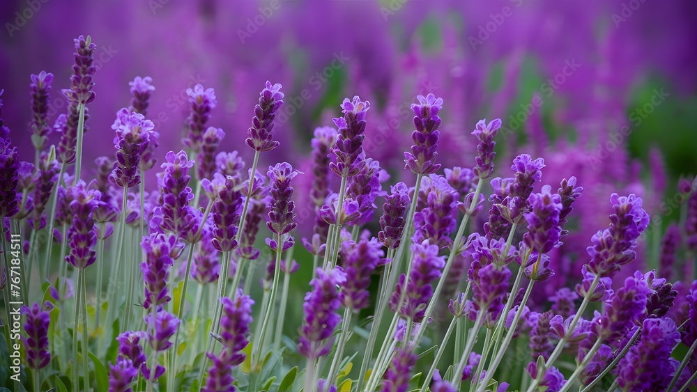 Naklejka premium Lavender blooming fragrant flowers field, closeup violet background, swaying