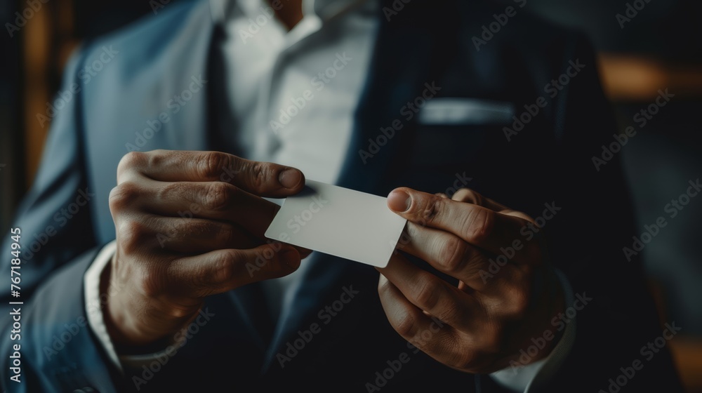 Person in blazer offering empty card. Close-up with selective focus on card. Business networking and contact exchange concept - obrazy, fototapety, plakaty 