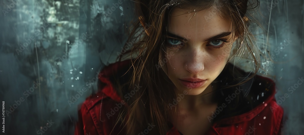 Portrait of beautiful vampire young woman with red eyes.