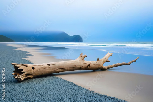 A solitary piece of bleached driftwood lies gracefully on the sands of a tranquil beach, its sculptural form contrasting against the serene blue waters and clear skies, invoking a sense of peace  © paolo