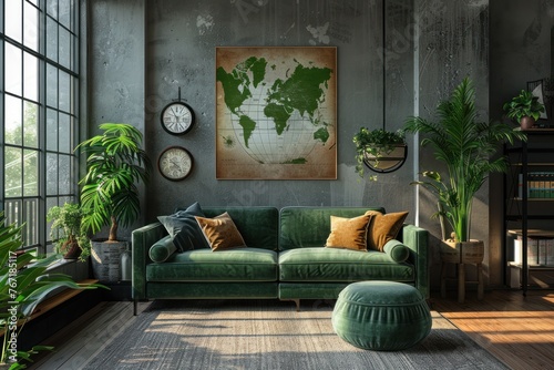 Modern Loft Interior: Stylish Green Sofa and Contemporary Accents © Art Prints 