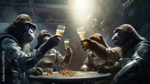 Space-suited primates toast with beer to new discoveries in a glass meeting room floating above an alien world, 3D, hyperrealistic.