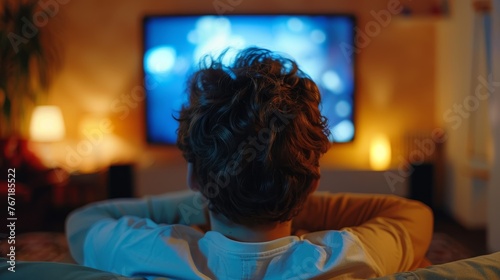 Child watching television in a cozy home environment. Family entertainment and leisure concept