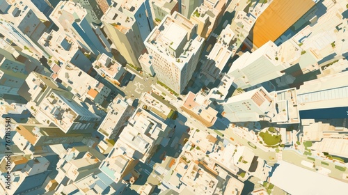 Top-down watercolor panorama of a bustling city, capturing the essence of urban life with realistic touches.