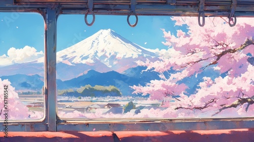 Tranquil watercolor scene of Fuji snow capped peak, framed by a train window with passing cherry blossoms.