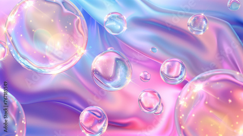 Pastel Gradient Holographic Neon Background. Abstract Hologram Dots  Balls  Spheres  Waves in Liquid Motion Wallpaper.