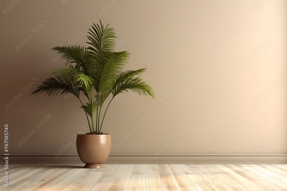 A blank beige brown wall with a green tropical tree inside a vase A blank beige brown wall with a green tropical tree inside a vase
