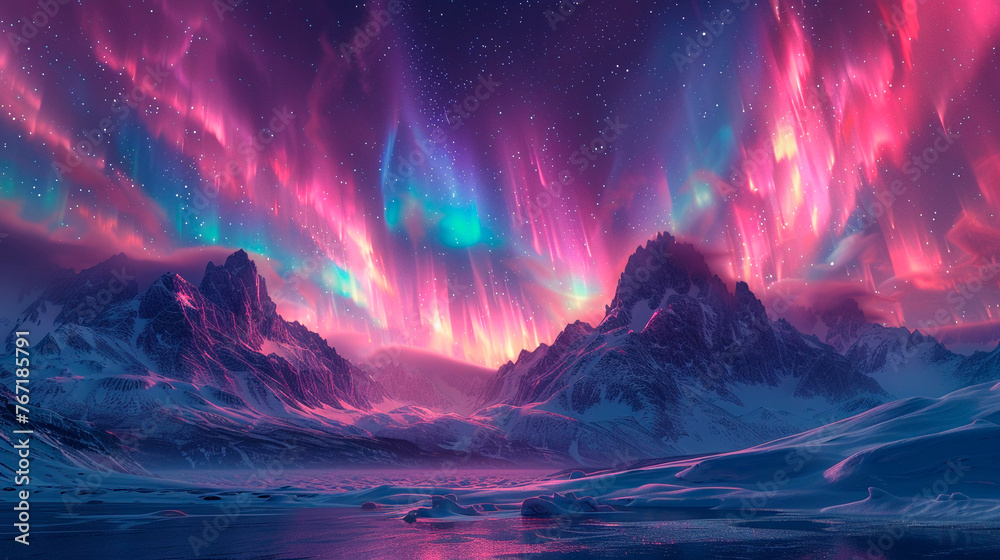 Vibrant blue and purple aurora borealis illuminating the night sky. Mountains landscape.