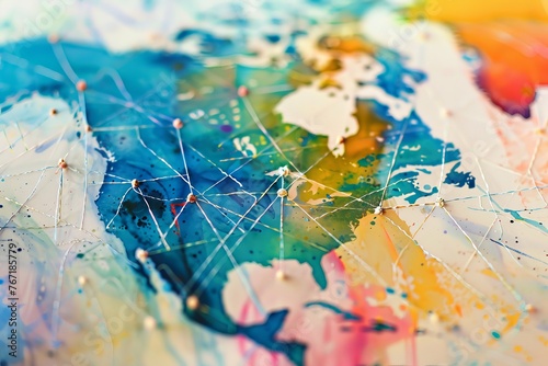 Close-up on global network nodes, watercolor intertwining lines, digital meets art.