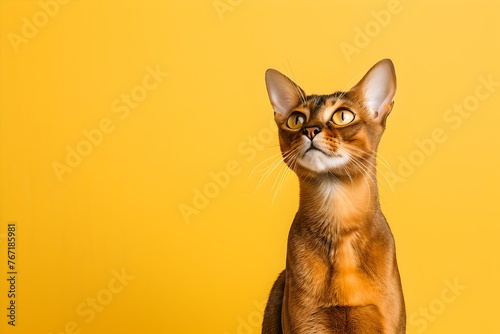 Abyssinian cat looking up on a yellow background.