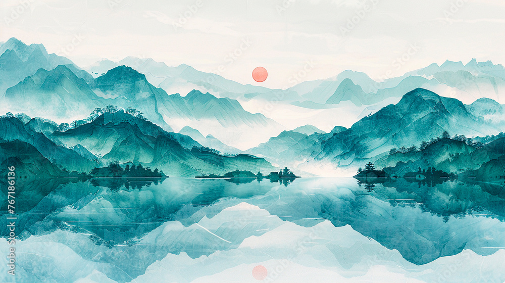 Majestic mountain range with lake in foreground. Japanese art. - obrazy, fototapety, plakaty 