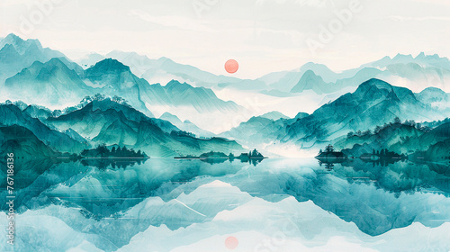Majestic mountain range with lake in foreground. Japanese art.