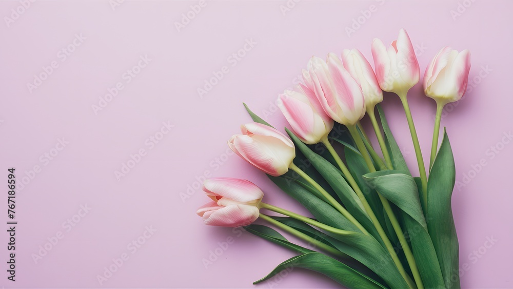Lovely pastel pink tulips bunch on light background, top view