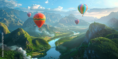 hot air balloon flying over the mountains