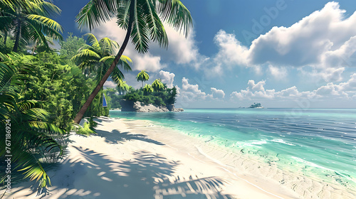 Beautiful tropical island with palm trees and beach panorama as background image, Generative Ai