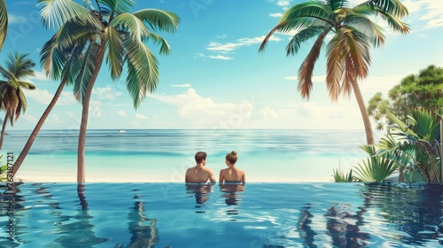 Young  loving couple view from the back  enjoying their vacation in tropical destination country. Pool relax with sea ocean and palm trees landscape  leisure  romance  and exotic travel experiences.