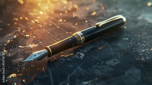 Fountain pen on textured surface with golden bokeh effect. Close-up product photography with copy space