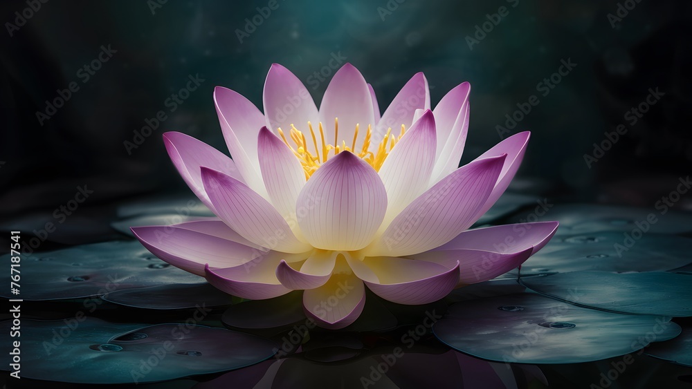 Majestic lotus flower blooms against a dark, mysterious backdrop Majestic lotus flower blooms against a dark, mysterious backdrop