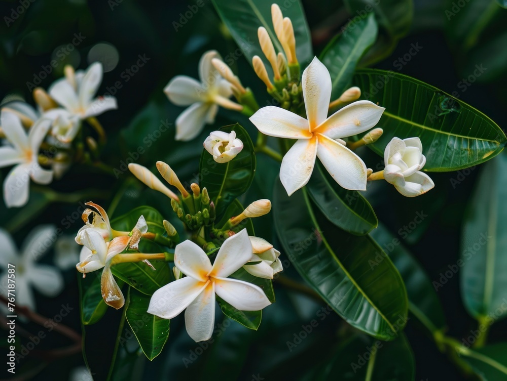 Fototapeta premium A bunch of white flowers with yellow tips. The flowers are in a green bush