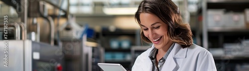 Wallpaper Mural A cheerful female scientist in a lab coat is focused on analyzing research data on a digital tablet in a modern laboratory setting. Torontodigital.ca