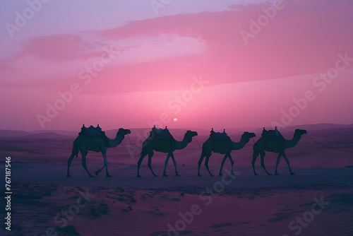 A timelapse of camels walking home at dusk suitable for virtual animation backgrounds. Concept Timelapse Photography, Camel Silhouettes, Dusk Scenery, Virtual Animation Backgrounds