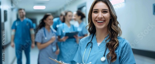 A cheerful nurse with a clipboard smiling in a hospital corridor, with fellow healthcare team members in the background.
