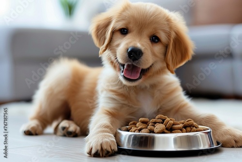 A cheerful puppy joyfully anticipates mealtime with a full bowl of nutritious dog food
