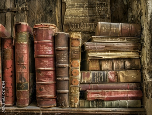 A row of old books with a brown cover and red spine. The books are stacked on a shelf