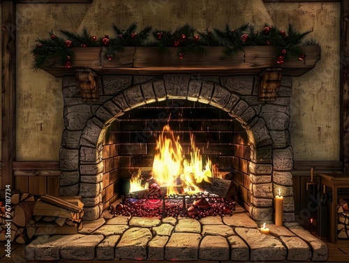 A fireplace with a mantle and a mantle with a Christmas tree. The fire is burning brightly and the tree is covered in red berries