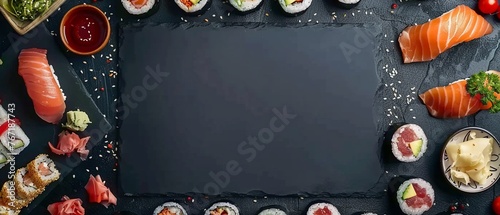 A creative composition of various sushi rolls and condiments circling a central blank black slate