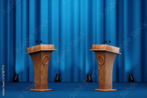 Political debates, struggle for leadership, power, appeal to voters, two candidates. Two stands with microphones. Mixed media.