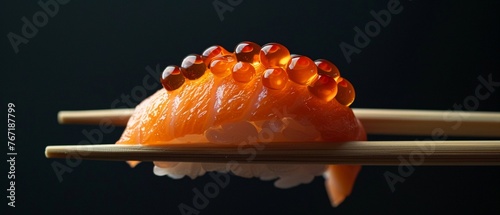 A detailed shot of a delectable salmon nigiri sushi topped with fish roe