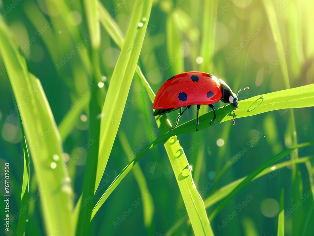 A ladybug is sitting on a green leaf. The leaf is wet and the ladybug is surrounded by water droplets