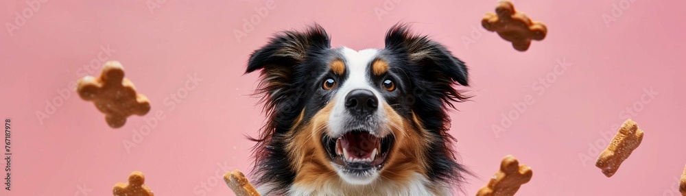 A joyful Australian Shepherd dog surrounded by flying dog treats against a playful pink background A joyful Australian Shepherd dog surrounded by flying dog treats against a playful pink background