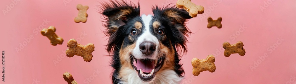 A joyful Australian Shepherd dog surrounded by flying dog treats against a playful pink background A joyful Australian Shepherd dog surrounded by flying dog treats against a playful pink background
