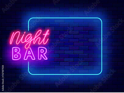 Night bar neon advertising. Nightclub banner. Shiny lettering. Event invitation. Empty blue frame and typography. Dark evening. Copy space. Editing text. Vector stock illustration