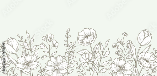 Floral seamless border with various meadow greenery and flowers. Hand drawn botanical pattern with foliage in line art style for wedding invitation, wall art and greeting card. Vector illustration