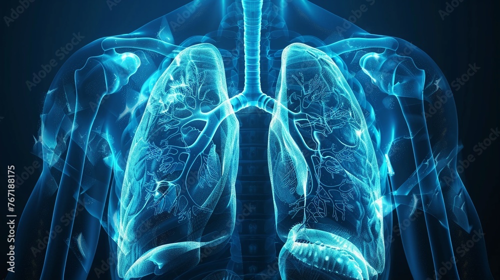 A medical blue x-ray digital illustration showcasing the detailed anatomy of human lungs - obrazy, fototapety, plakaty 